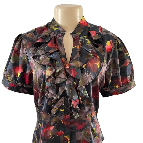 Harve Bernard Dark Autumn Floral Button Up Blouse Tiered Ruffle Grunge Fairycore - Picture 2 of 8